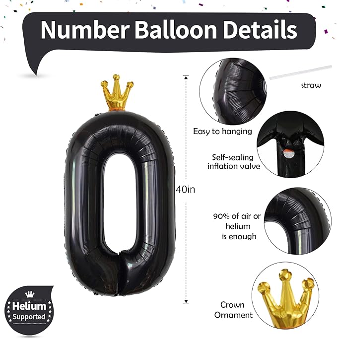 Crown Black Number 0 Balloons for Girls, 40 Inch Foil Large, Crown 0-9 Set Number Balloon for Boys Birthday Party Baby Shower Anniversary Graduation New Year Party Decoration Supplies