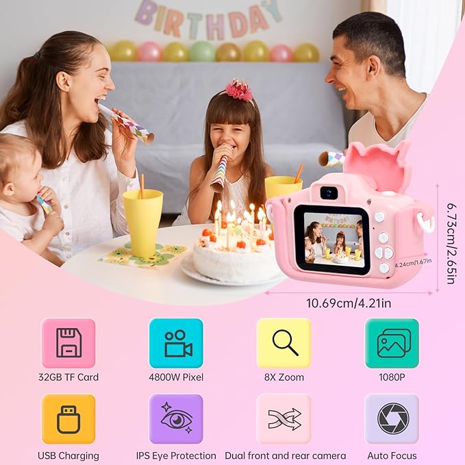 Kids Camera, Camera Toys for Girls Age 3-8, Selfie Cameras for Kids, Kids Digital Camera for Toddler with Video, Digital Cameras with Silicon Cute Cover for Kid, 32GB TF Card(Pink)