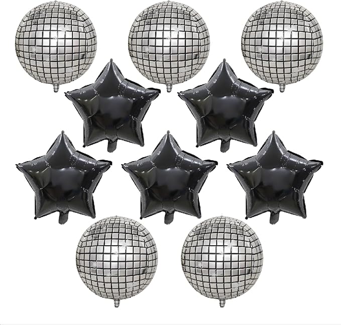 FBQ 10 Pcs Silver Disco 4D Balloons Black Star Balloons 18 Inch for 70s 80s 90s Birthday Disco Party Queen Party Decorations Supplies