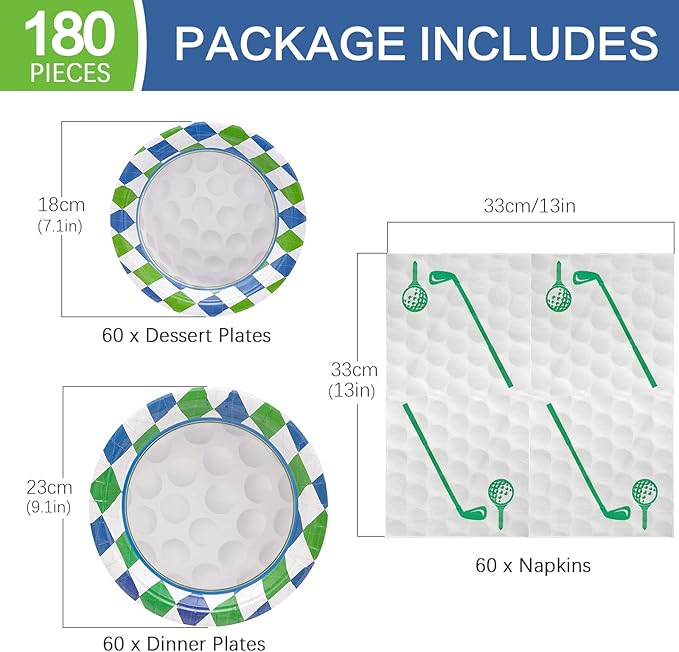 180Pcs Golf Party Supplies Paper Plates and Napkins Serve 60 Disposable Tableware Set for Birthday Party Decorations Game Day Family Holiday Sports Events