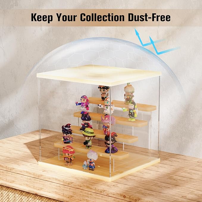 Nynelly Acrylic Lighted Display Case for Collectibles, 5 Tier Figure Display Box with Door and Steps, Assemble Dustproof LED Showcase Storage Box for Mini Figures, Funko Pop, Toys, Wood Color