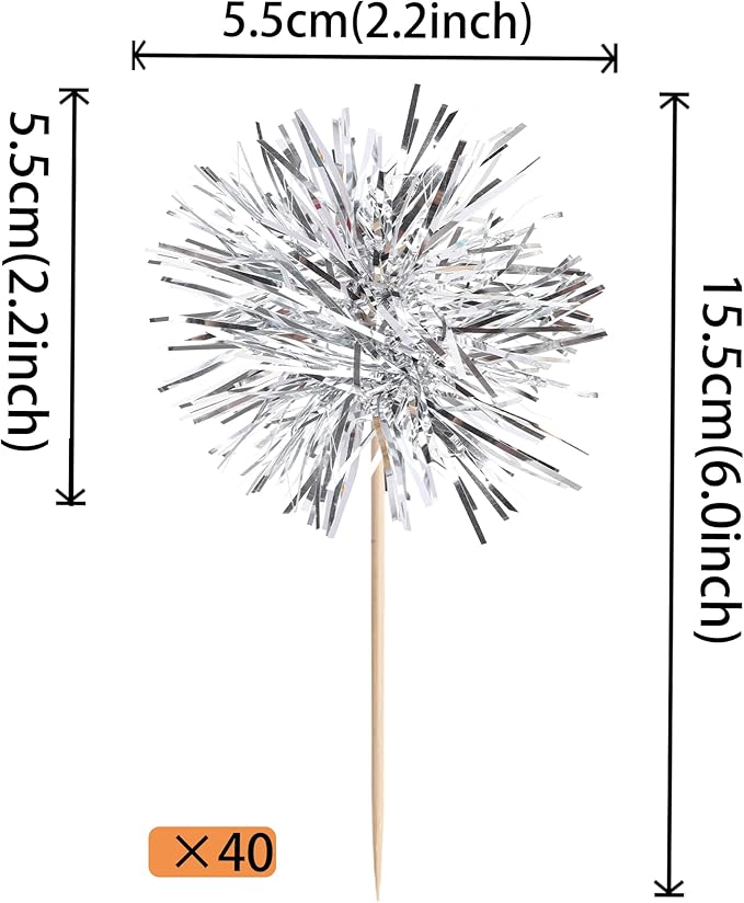 40 PCS Foil Firework Cupcake Toppers Fireworks Cupcake Picks Sparkle Tinsel Cake Decorations Cocktail Fruit Toothpick for Firework Theme Birthday Wedding Graduation Party Decorations Supplies Silver