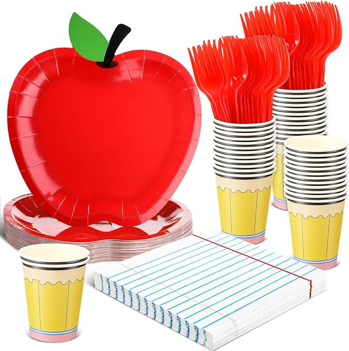 Bokon 96 Pcs/24 Set Preschool Graduation Decoration Apple Paper Plate Napkin and Cup First Day of School Party Supply Disposable Tableware for Teacher Kindergarten Graduation Back to School Party