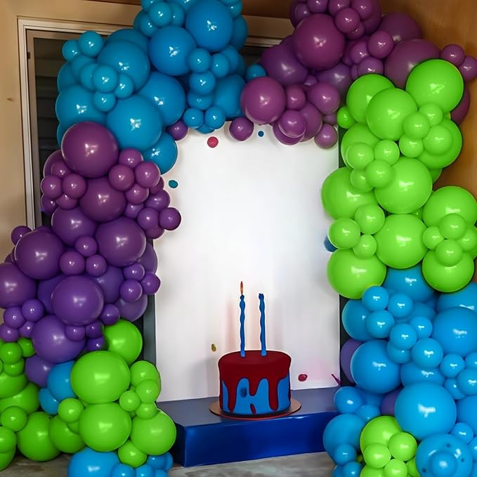 Green Purple Teal Balloons, 50Pcs 12 Inch Fruit Green Purple Teal Blue Confetti Birthday Balloons for Kids Boy Cartoon Theme Birthday Cartoon Party Baby Shower Decorations