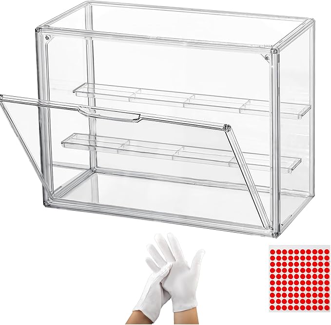 Dustproof Acrylic Display Box with Magnetic Door for Action Figures - 3-Tier Shelf for Collectibles, 2 Removable Plates, Tool-Free + Gloves & 100 Super Glue