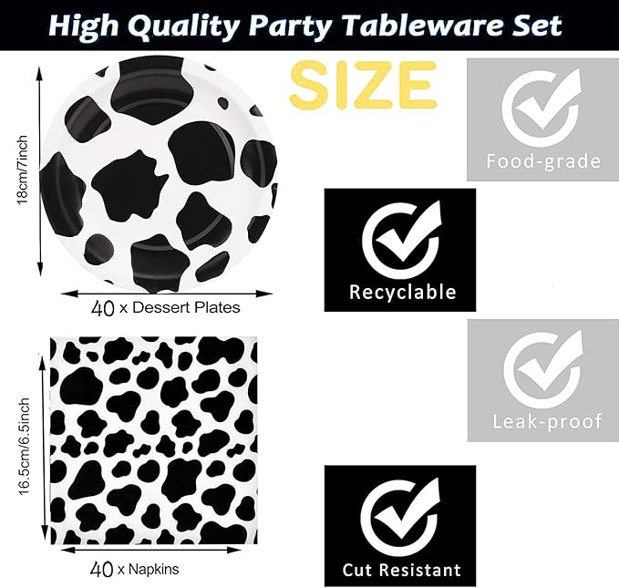 80Pcs Cow Print Party Supplies Cow Plates and Napkins Party Set 7" CowPrint Plates Napkins for Cowboy Farm Animal Barn Theme Cowboy Cowgirl Baby Shower Birthday Decoration|Serve 40