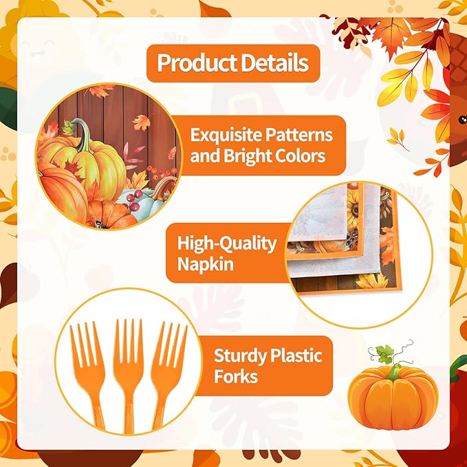 96 Pieces Thanksgiving Pumpkin Tableware Set Party Supplies - Rustic Wood Grain Disposable Dinnerware with Paper Plates, Napkins, Forks for Fall Harvest, Friendsgiving, and Thanksgiving Dinner