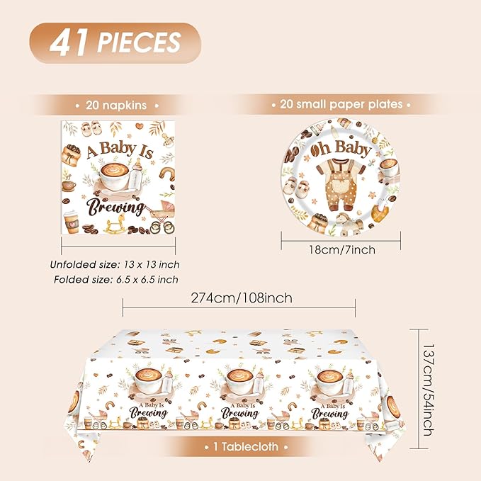 41PCS Coffee Themed Baby Shower Decorations for Kids,A Baby is Brewing Coffee Banner Baby Shower Plates and Napkins Sets Disposable Tablecloth Coffees Beans Shower Welcome Baby Decorations