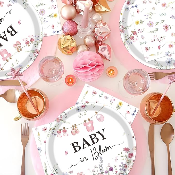 Rakuto Baby Shower Plates Napkins - 50 Pcs Baby in Bloom Baby Shower Decorations, Disposable Spring Floral Wildflower Party Tableware Set Supplies for Gender Reveal Serves 25