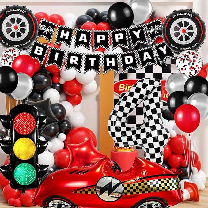 Race Car Birthday Party Decorations, with 40 Inch Number 4 Balloon, Happy Birthday Banner, Race Car, Traffic Light and Foil Tire Balloon for 4th Themed Birthday Party Supplies
