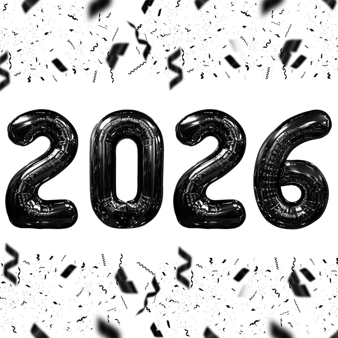 KALOR 32 Inch 2026 Black Foil Number Balloons, 2026 New Years Decorations for 2026 Happy New Year Eve and Graduations Party Supplies