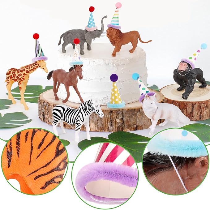 Hooqict 20 Pcs Jungle Animal Birthday Party Decorations Safari Animals Figures with Mini Birthday Hats Animal Cake Toppers for Kids Safari Cake Decorations Wild Zoo Themed Party Decorations