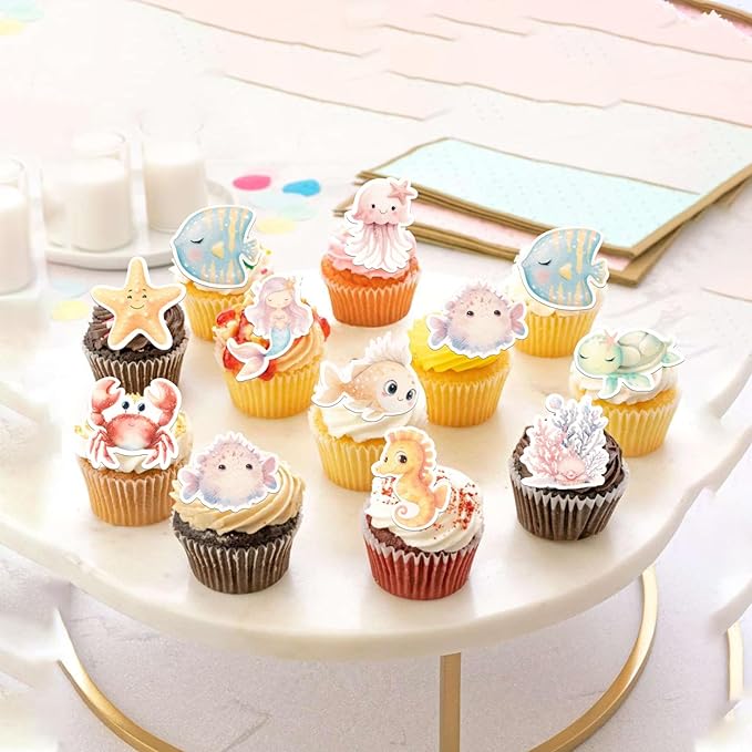 60 PCS Edible Ocean Animal Cupcake Toppers Sea Ocean Birthday Cake Decorations Edible Turtles Octopus Seahorse Crab Starfish Mermaid Cupcake Picks for Under the Sea Theme Baby Shower Party Supplies