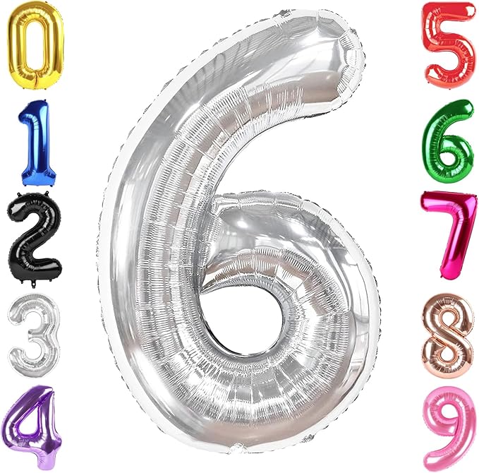 40 Inch Silver Number 6 Balloon, Giant 6 Number Balloons for 6th Birthday Decorations, Party Supplies for Baby Boy Girl, Silver Party Decor