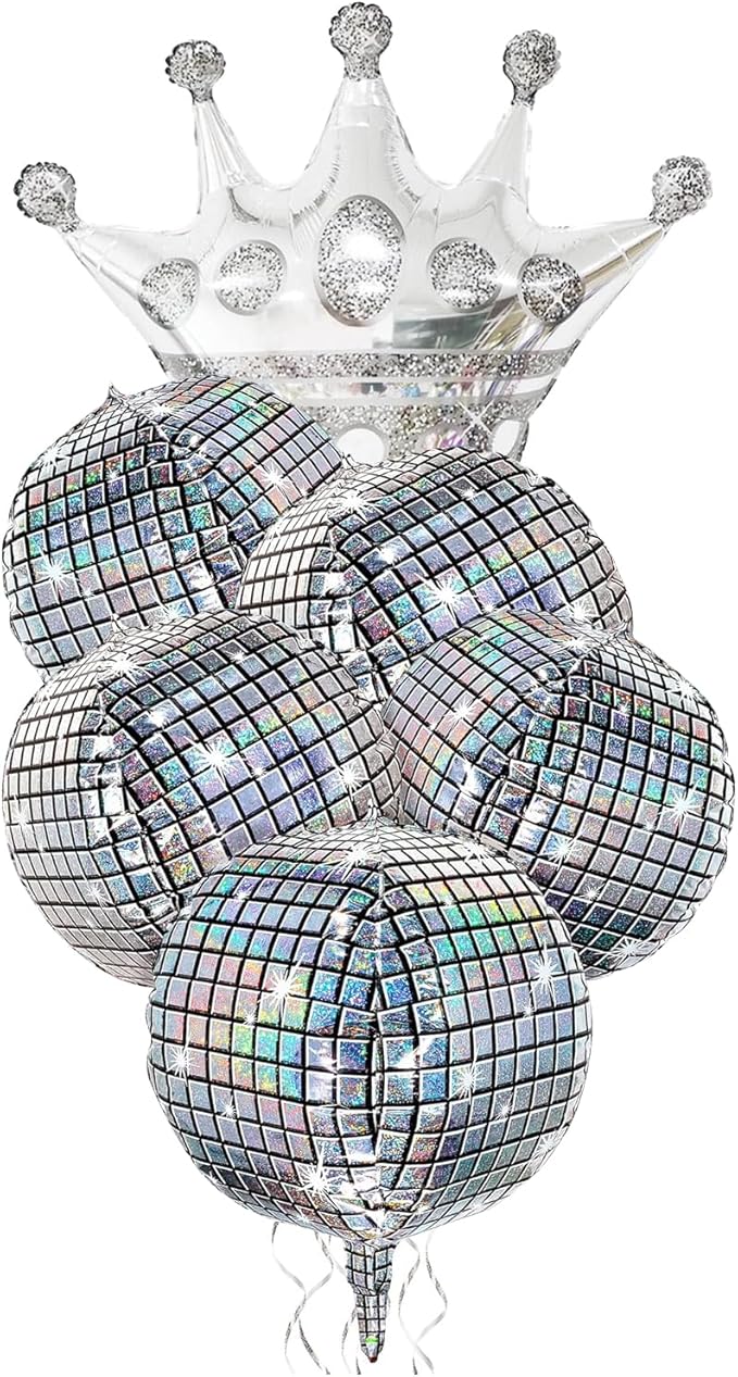 Holographic Mirror Disco Ball Set, 18-Inch Glass Tiles, Party Decoration with Silver Crown Balloon