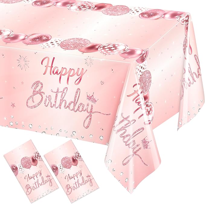 WNINK 2 Pack Pink & Rose Gold Happy Birthday Tablecloths, Disposable Plastic Rectangular Table Covers for 6th 21st 30th 40th 50th Women Girls Birthday Party 54 x 108 Inches