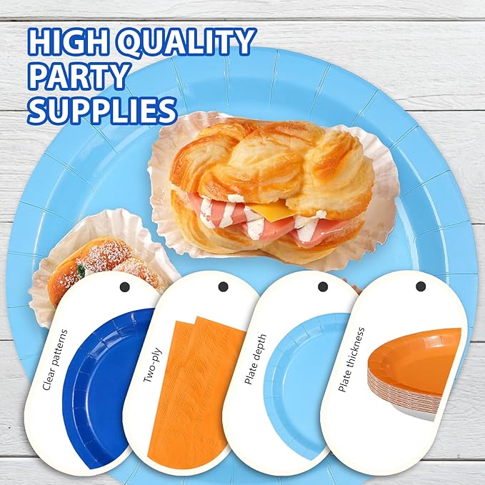 96Pcs Blue Theme Dog Birthday Party Decorations Blue Orange Dog Birthday Plates and Napkins Tableware Set Orange and Light Navy Blue Decoration for Boys Girls Cartoon Bday Party Supplies Serves 24