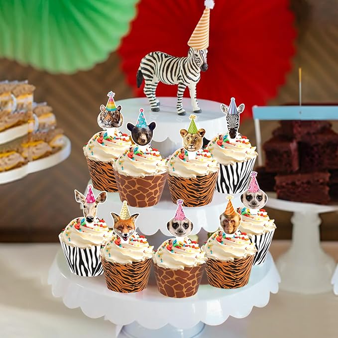 Hxezoc 48 Pack Safari Animals Party Cupcake Toppers and Wrappers, Jungle Animal Cake Decoration for Wild Theme Birthday Parties