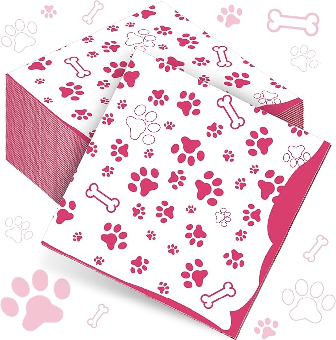 CHENGU 100 Pieces Paw Print Napkins 2 Layers Paw Print Party Supplies Farm Animal Party Napkins for Animal Themed Birthday Western Part, 5 x 5 Inch(Pink)