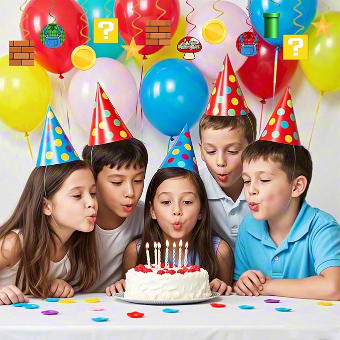 Video Games Party Decorations Super Adventure Party Decor, Assembled and Ready to Use, Cartoon Theme Party Hanging Swrils 24pcs Party Streamers Kids Boys Birthday Party Decor Supplies