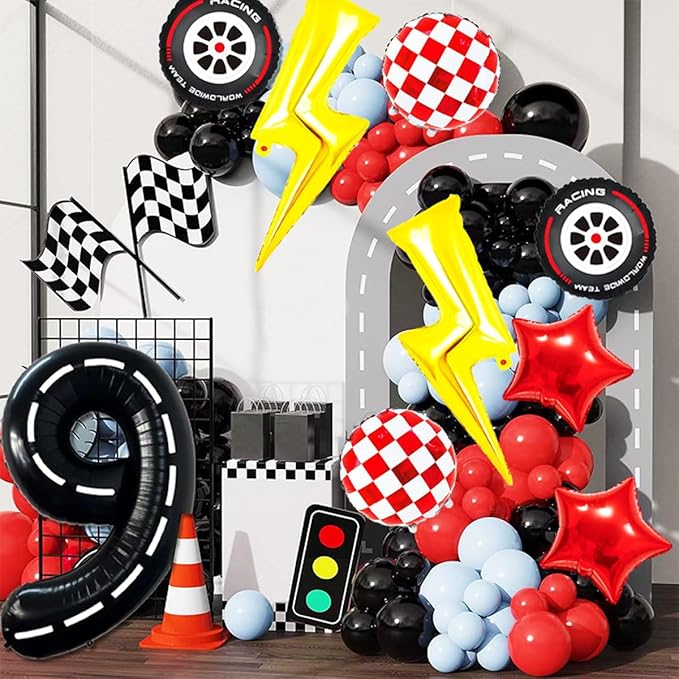 Race Car Birthday Party Decorations Large Lightning Bolt Foil Balloons Race Car Balloons 40 Inch Racetrack Number 9 Balloon for Boys 9th Race Car Birthday Party Decor Supplies