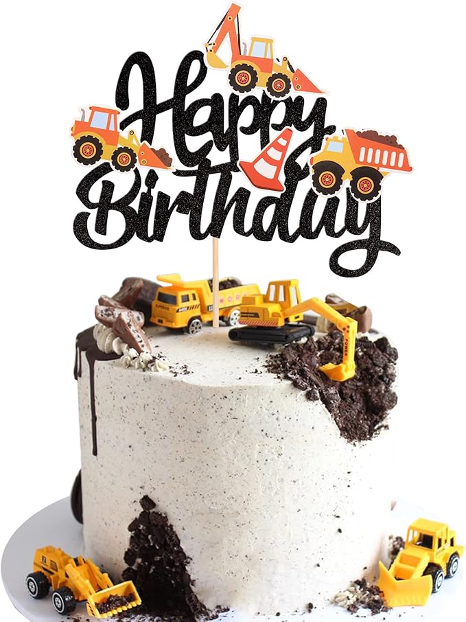 1 PCS Construction Happy Birthday Cake Topper Glitter Construction Cake Pick Dump Truck Excavator Tractor Cake Decorations for Construction Theme Baby Shower Kids Birthday Party Supplies Black