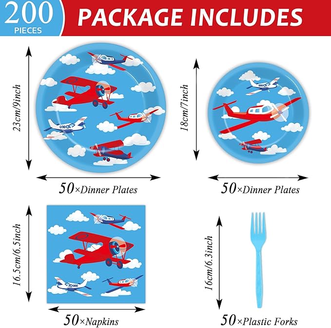 Qyeahkj 50 Guests Airplane Party Plates and Napkins Tableware Set Plane Birthday Party Supplies Blue Helicopter Dinnerware Favors Decorations for Baby Shower Boys Kids