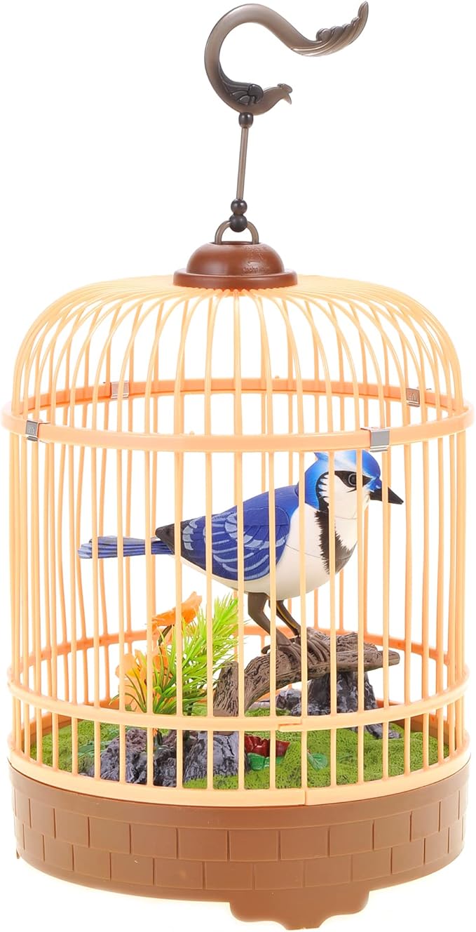 PowerTRC Singing & Chirping Bird in Cage, Realistic Sounds & Movements, Sound Activated, Battery Operated, Great Desk and Room Accessory, Pet Caged Bird Toy (10” x 7”)