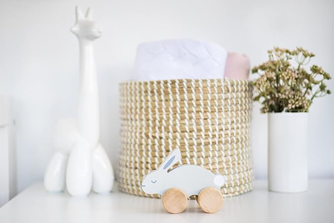 Pearhead Montessori Wooden Bunny Push-Pull Toy for Toddlers – Baby Easter Basket, Easter Bunny Gift for Toddlers, Gray Rolling Rabbit Encourages Motor Skills & Imaginative Play, 12M+