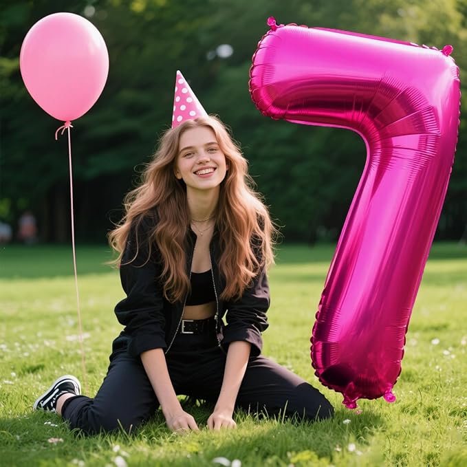 Rose Red Number 7 Balloon 40 Inch,Jumbo Giant Mylar Hot Pink Number 7,Big Large Foil Helium Number Balloons, Balloons for 17 27 Birthday Party Decorations Supplies Anniversary Celebration
