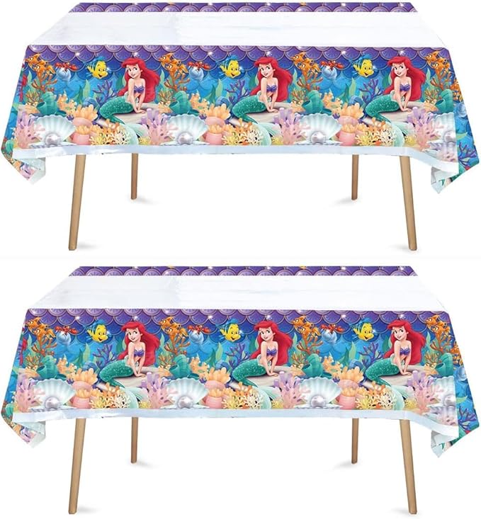 Little Mermaid Tablecloth, 2pcs Rectangular Plastic Table Cover, 70'' x 42'', Waterproof Birthday Party Supplies Decorations (2 Pack Blue Pink) 1