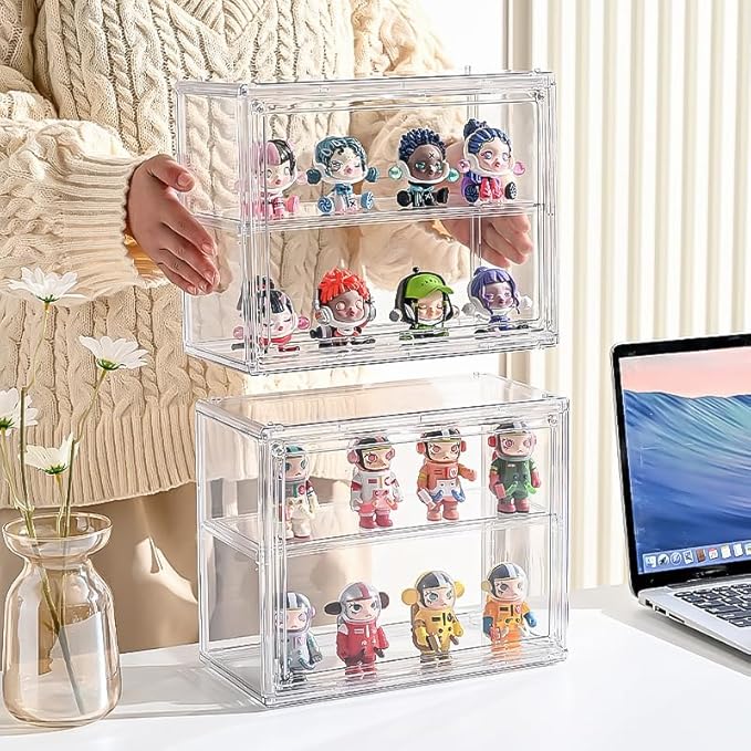 2 Tiers Clear Display Case for Figures, Acrylic Storage Organizers Box with Magnetic Door, Wall-Mounted Dustproof Showcase for Collectibles Action Figure