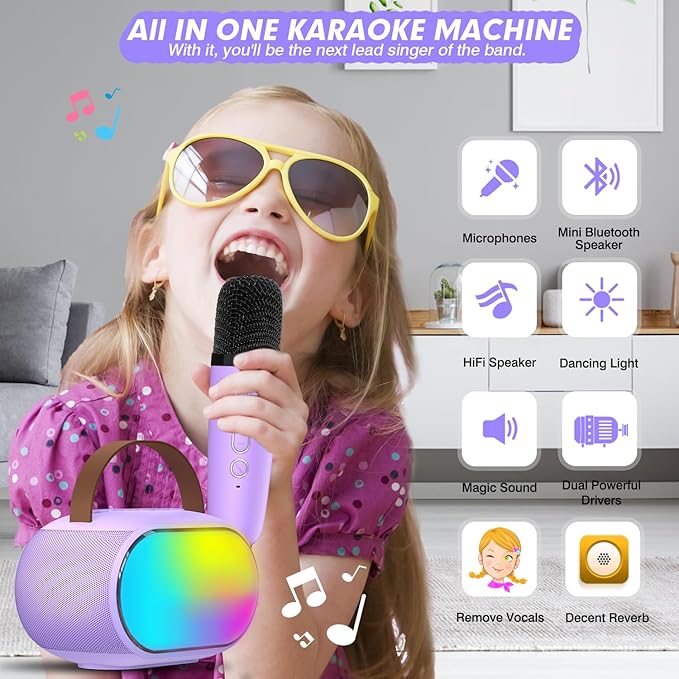 Karaoke Microphone Machine with 2 Drivers, Toy for Girls Boy Ages 3, 4, 5, 6, 7, 8, 9, 10, 11, 12+ Years Old, Portable Bluetooth Speaker Christmas Birthday Gift for Kids Teens Adults(Purple)