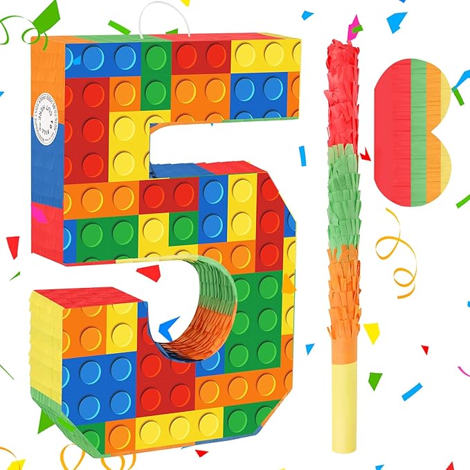 Building Blocks 5th Birthday Party Decorations Number 5 Pinata with Pinata Stick & Blindfold for Kids Girls Boys Happy Birthday Building Block Theme Party Supplies Carnival Games