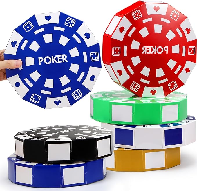 6 Pcs Casino Theme Party Decorations 9 Inch Large Poker Chip Favor Boxes Jumbo Chip Table Centerpiece for Game Night New Year Prom Party Supplies, Multicolor