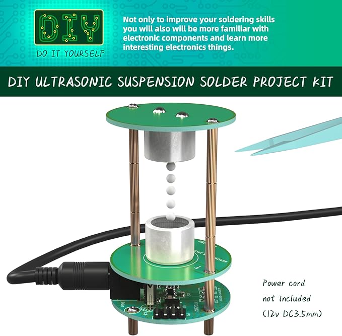 Electric Ultrasonic Levitator Kit, Soldering Projects Mini Cool Acoustic Levitator, Learning Teaching STEM Education Ideal Gift for Family and Friends, Come with 12V Power Supply (Green with Power)