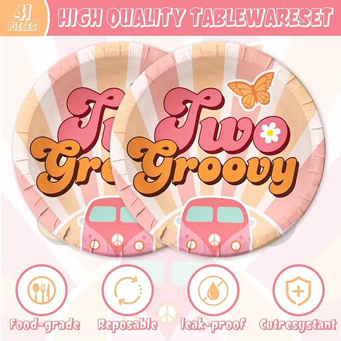 41pcs Two Groovy Party Supplies,include 20 Dessert Plate,20 Napkin and 1pcs Tablecloth,Used for Retro Hippie Rainbow Boho Birthday Party Decoration