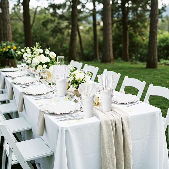 350 Pcs Scallop White Party Supplies, 50 Guests Disposable Paper Plates Paper Cups Cutlery Napkins Dinnerware Set for Wedding, Birthday, Baby Shower, Outdoor (scallop Wave 2, White)