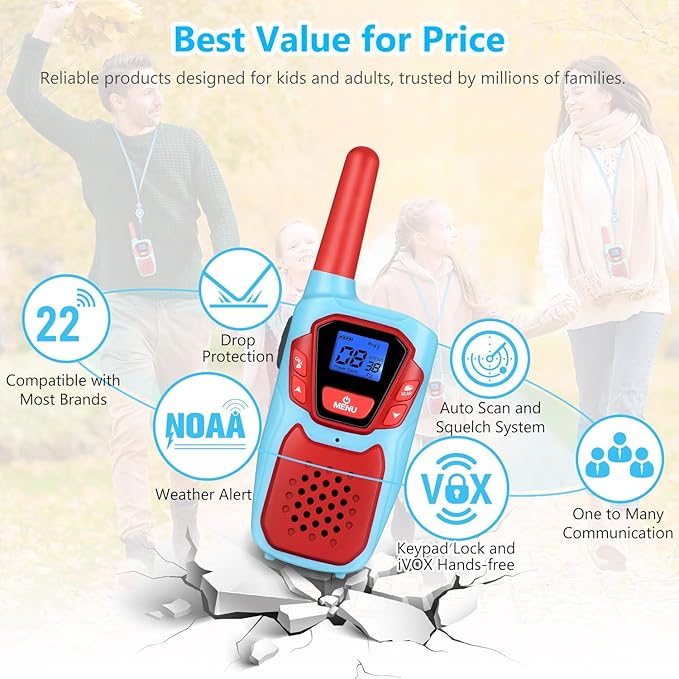 Walkie Talkies for Kids Rechargeable Walkie-Talkie for Adults Long Range Pink 2 Way Radio 2 Pack with Lanyard Battery NOAA USB, Family Toy for 3-12 Year Old Girls Boys Toddlers Camping