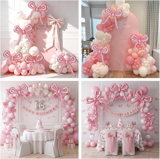 Light Pink Bow Balloons Coquette Birthday Decorations, 3pcs Giant Pearl Baby Pink Bow Foil Mylar Balloon for Girls Women Bow Themed Party Decor Baby Shower Bridal Wedding Bachelorette Party Supplies