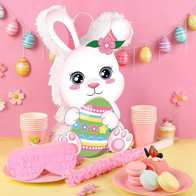 Hooqict Easter Egg Pinata Bunny Pinata with Blindfold and Bat Stick for Girls Spring Happy Easter Party Games Bunny Birthday Party Decorations Sunday Celebration Supplies