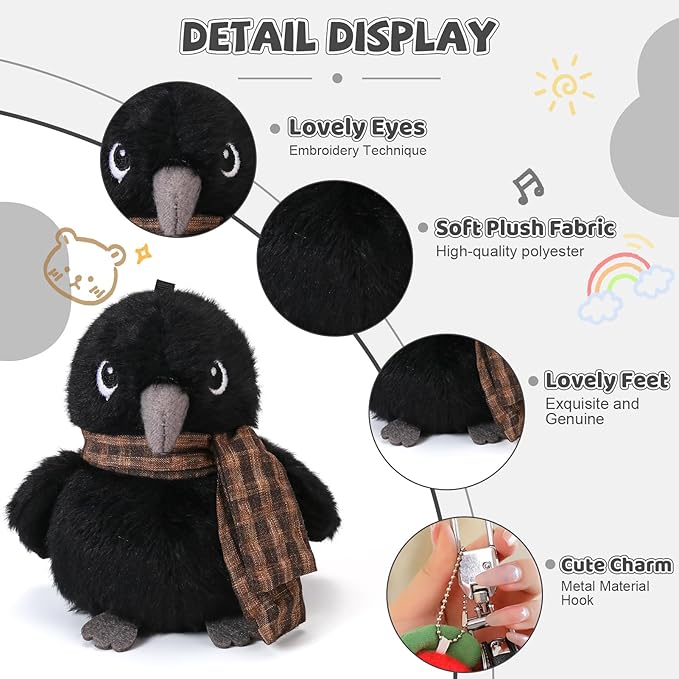 Black Crow Plushies with Shawls Bird Stuffed Animal Bag Pendant Little Crow Stuffed Plush Toy Christmas Birthday Valentine's Day Gift for Kids Girlfrends