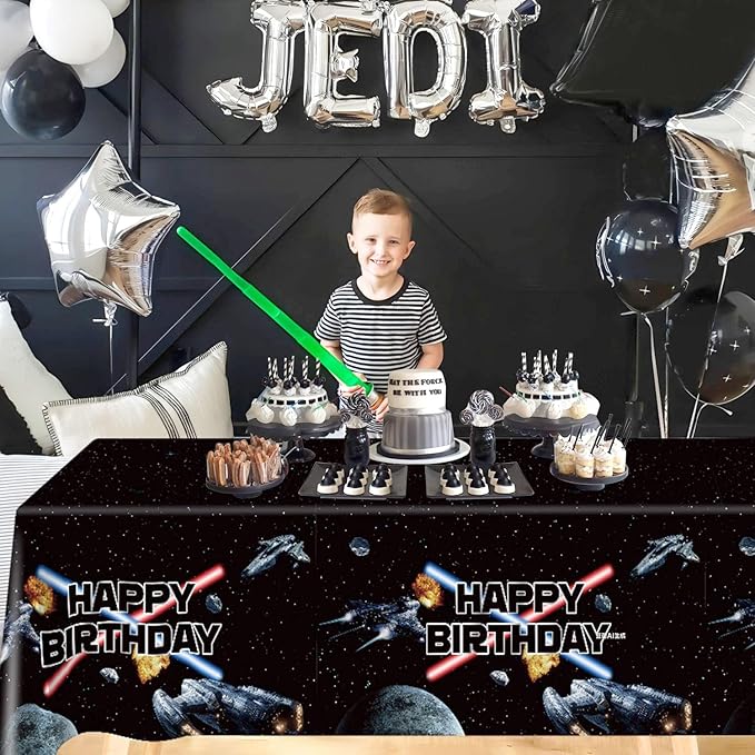 3 Pieces Space Battleship Wars Themed Birthday Party Decorations Tablecloth, Large Size 54 x 108 Inch Rectangular Plastic Table Cloth Star Galaxy Universe Starship for Boys Kids Party Decorations
