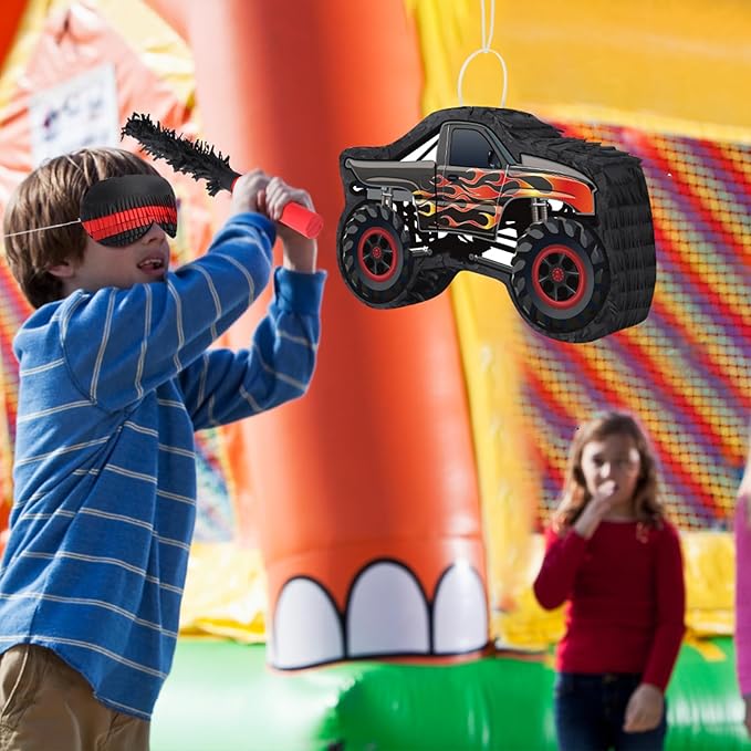 Hooqict Monster Truck Pinata Car Birthday Pinata with Blindfold and Bat Stick for Kids Boys Monster Truck Party Supplies Racing Car Construction Themed Party Decorations