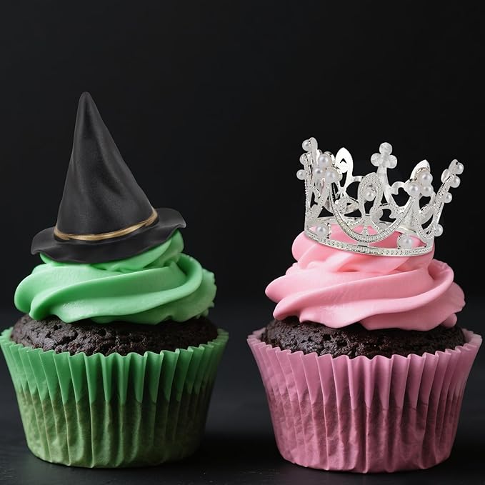 44 Pieces Pink and Green Cake Decorations with Mini Black Witch Hat, Silver Crown, Broom, Balloons, Happy Birthday Cake Topper for Girls Women Princess Witch Birthday Party Decorations Supplies