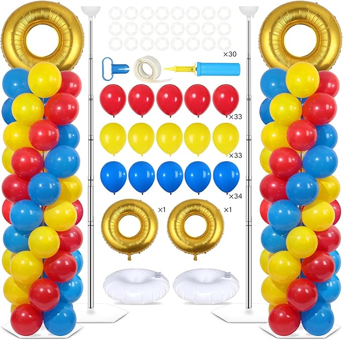 2 Sets Cartoon Hedgehog Balloon Column Stand Kit with 102 Balloons Golden Ring 5.57ft Adjustable Balloon Tower Stand with Golden Ring Balloons Arch Column for Hedgehog Theme Birthday Party Supplies