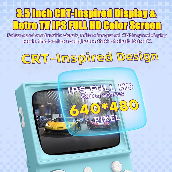 R36T Retro Gaming Console, 3.5'' IPS Screen CRT-Inspired, Handheld Game Console with 18000+ Classic Games Supports WiFi Networked Fighting and OTG, 3500mAh Battery, with Portable Case（Blue 64GB）