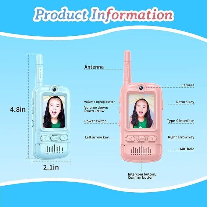 Video Walkie Talkies for Kids Rechargeable Walkie Talkies Long Range with Emoji Chat and Photo Functions Multifunctional Indoor Outdoor Toys for Kids Christmas Birthday Gifts (Pink&Blue)