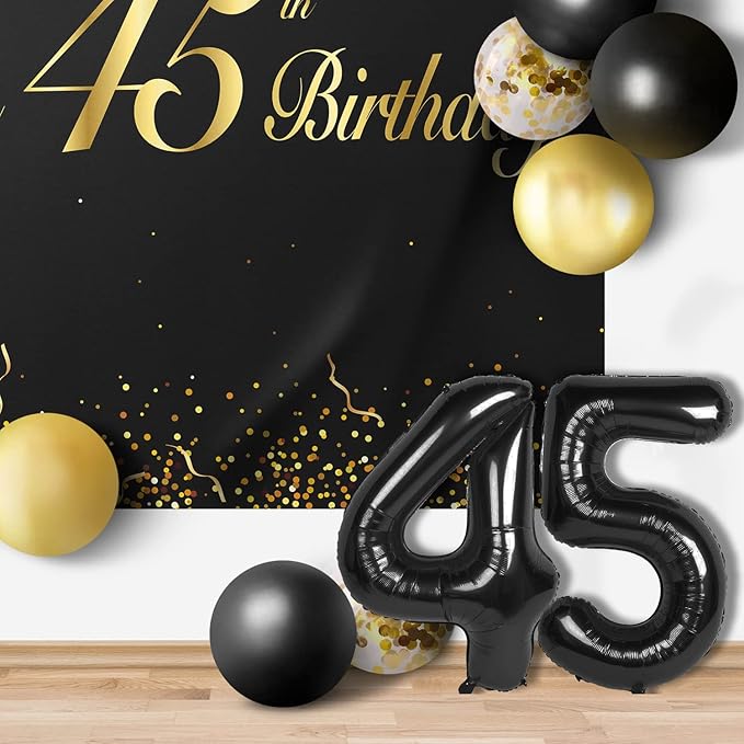 Happy 45th Birthday Balloons Black Set Decor - Cheers to 45 Years Old Party Theme Garland Banner Backdrop Decorations For Women and Men Supplies