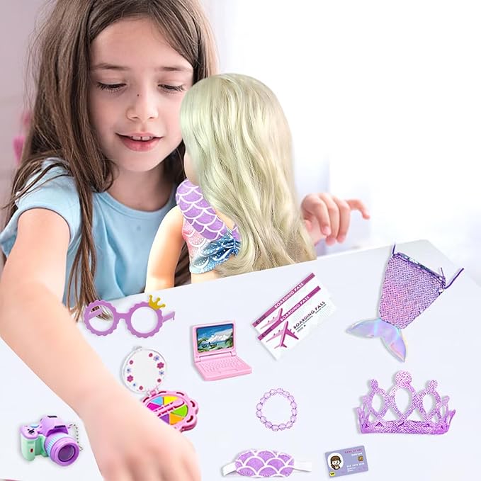 18 inch Girl Doll Accessories Case Luggage Travel Play Set with Clothes Camera Travel Pillow Bag Dress Glasses Stuff Fit 18 inch Doll Christmas Birthday Gift